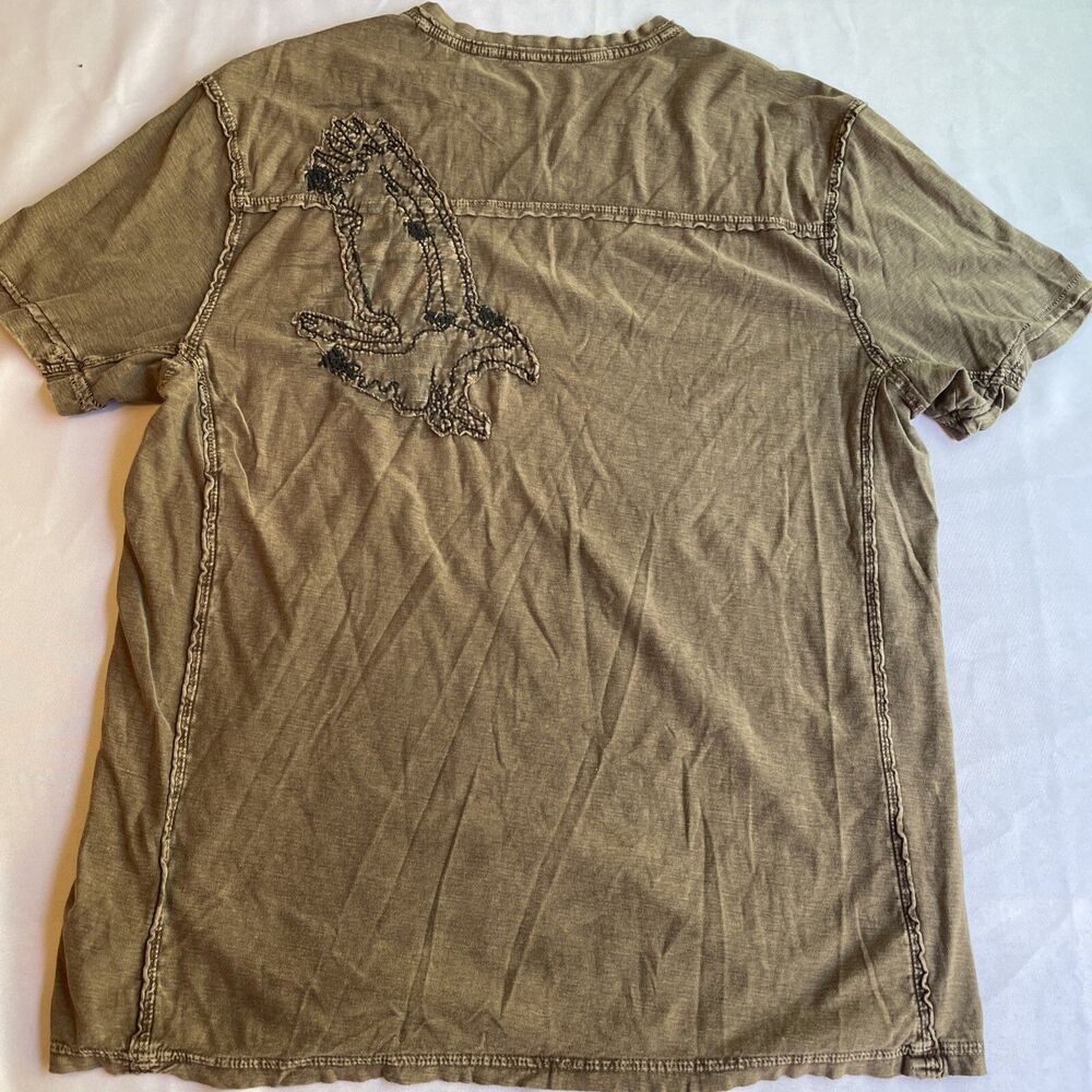 Vintage Dnky Wings V-Neck T Shirt‎ Y2K Tan Brown Drab Embroidered Distressed XL